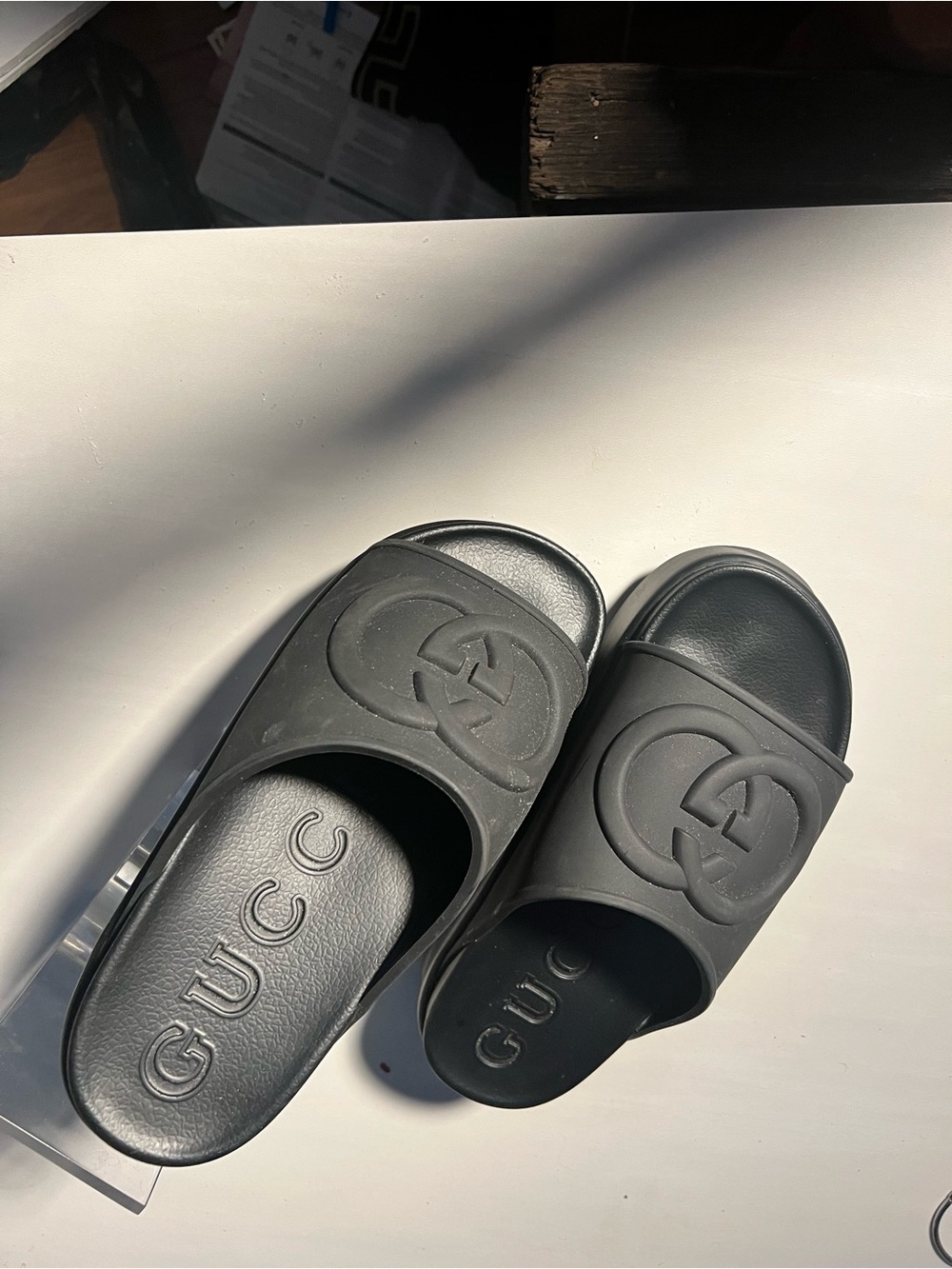 Gucci Black Platform Rubber Logo Slides